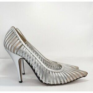 Gucci Silver Leather Heels Laser Cut Stripe Metallic Y2K Vintage Sz EU 36.5C 6.5